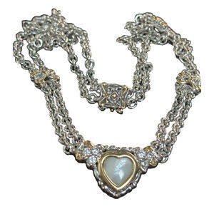 John Medeiros Mother of Pearl Double Strand Necklace Multi Metal Heart Nouveau